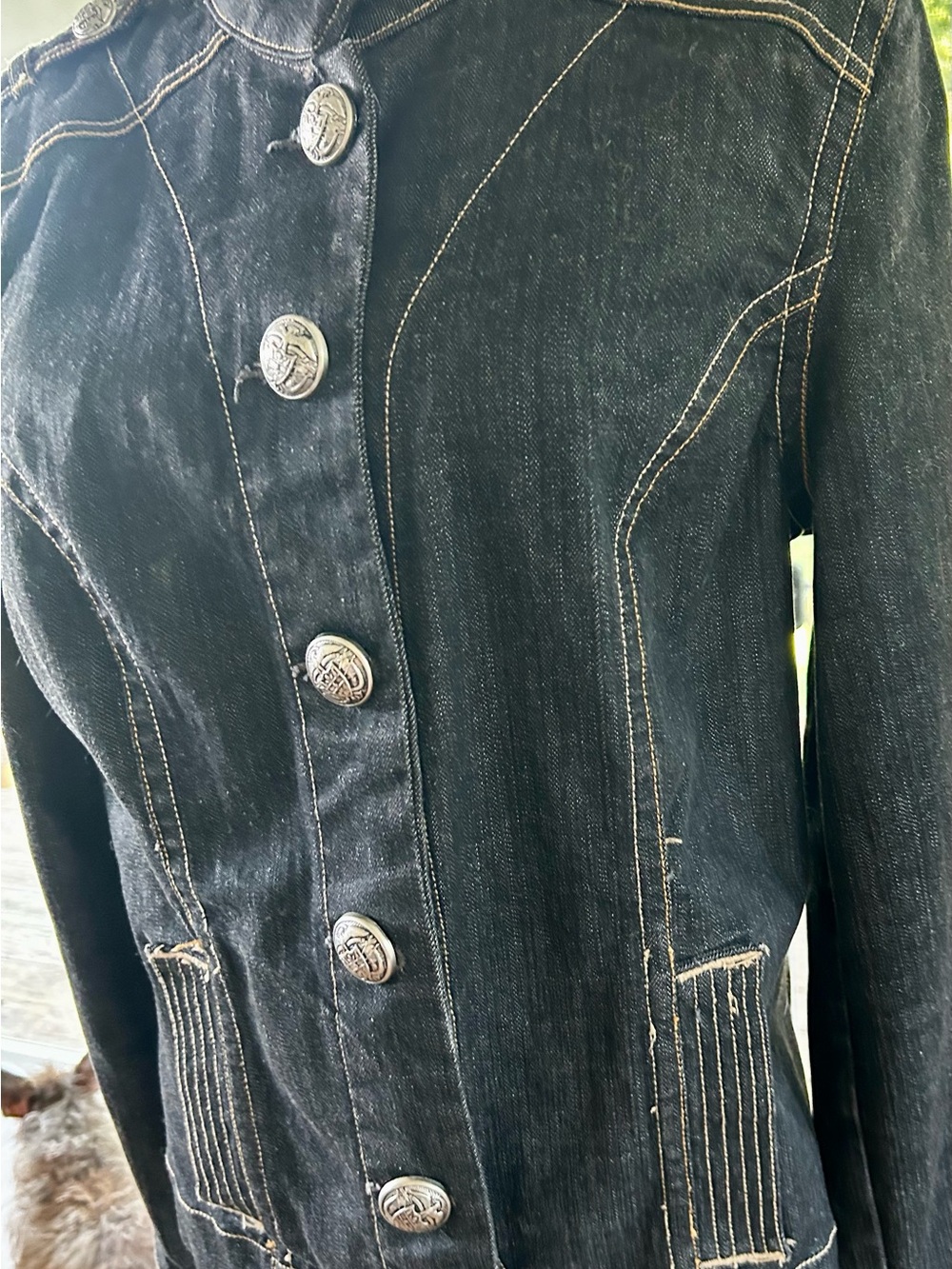 Vintage Old Navy Dark Blue Denim Military-Style Jacket with Contrast Stitching L - Picture 5 of 12